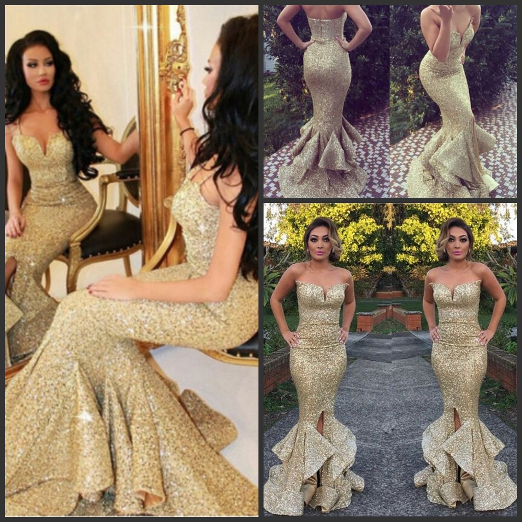 

Front Split Prom Party Dress Sequined Detachable Spaghetti Strap Dubai Arabic Gold Formal Dress Mermaid Ruffle Train Evening Gown, Ivory