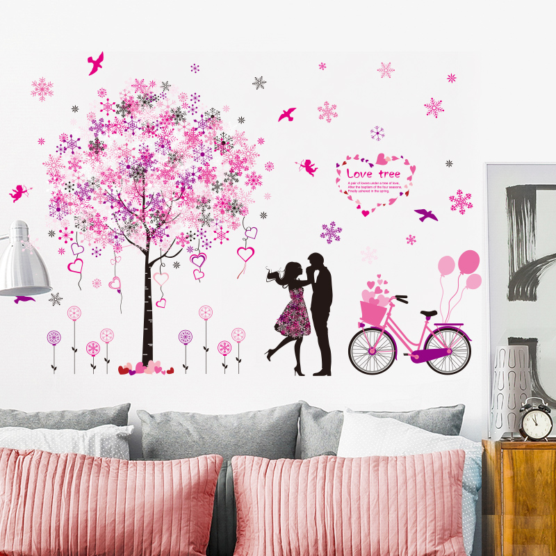 

[shijuekongjian] Cartoon Couples Wall Stickers DIY Tree Bike Wall Decals for Living Room Bedroom Home Decoration