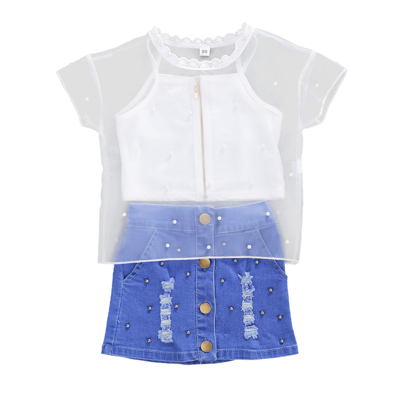 Fashion 3Pcs//Set Baby Girl Denim Shirt Tops+Princess Leopard Skirt+Headband Outfit