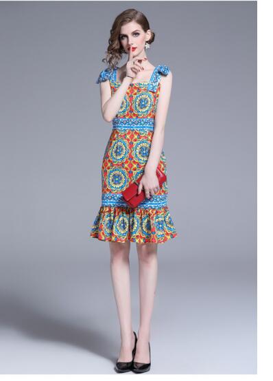 

Women's tail FishSkirt Temperament Fashion Print Slim Fit Hip Lace Dress, As the picture