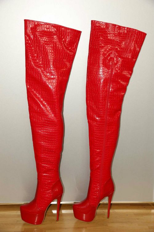 

Hot Sale-16CM High Platform Boots Over the knee Snake Leather Booties Fall Winter Sexy Ladies Motorcycle Boot Feminino, Red