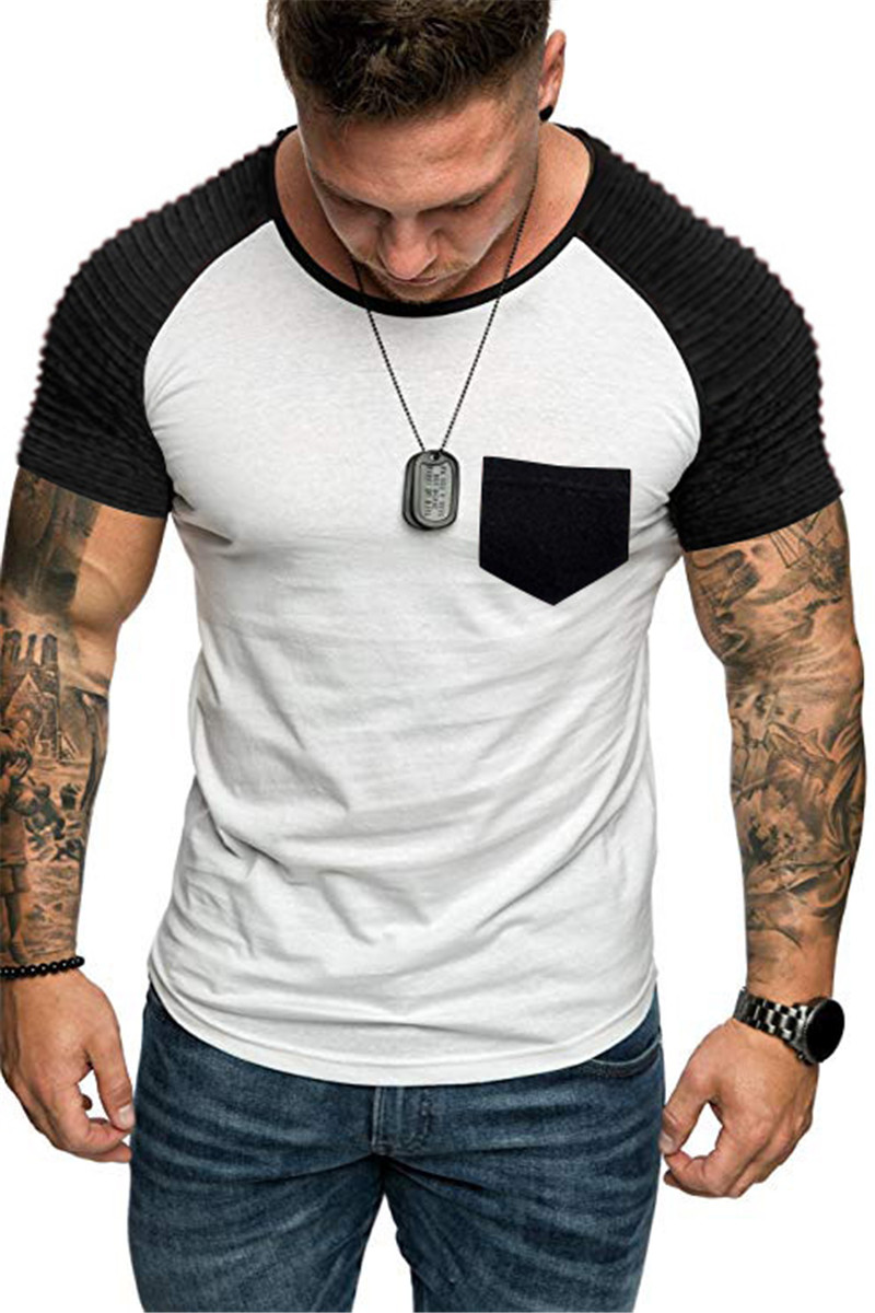 

Contrast Color Pockets Mens Tshirts Pleated Sleeve O Neck Slim Summer Casual Tees 4Colors Plus Size