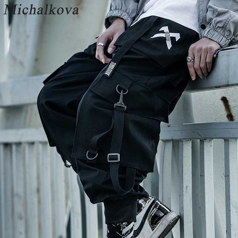 

michalkova Paratrooper Japanese Male Black Joggers Mens hip hop Pockets Ankel Cargo Pants Men Streetwear Pants Casual