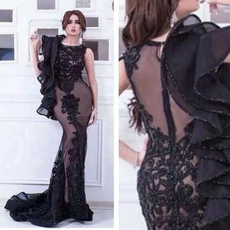 

Special Design Black O Neck Appliqued Beaded Ruffled Strap Sleeveless Sweep Train Mermaid Evening Dresses Arabic Dubai Prom Party Gowns, Fuchsia