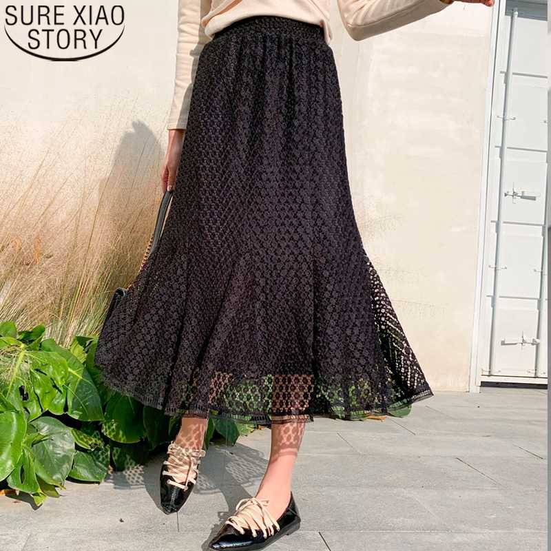 

Lace Midi Skirts Womens 2020 Spring Black White Solid Casual Korean Vintage Elastic High Waist Maxi Long Skirts for Women 8773, Apricot