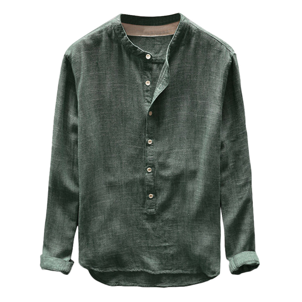 

Fashion Mens Autumn Basic Nice Tide Button Casual Linen And Cotton Long Sleeve V-neck Solid Tunic Plus Size 4XL Clothing