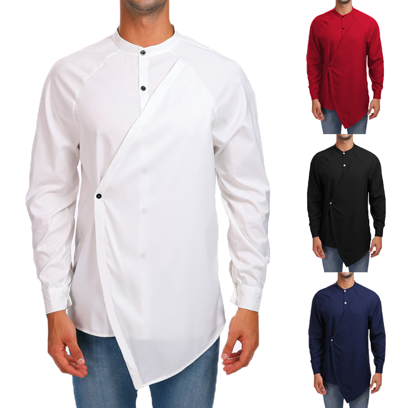 

2020 Autumn Men's Shirt Stand Collar Long Sleeve Casual Solid Button Irregular Tops Fashion Shirt Men Stylish Camisa Masculina, Black