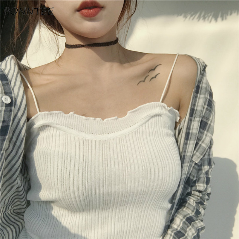 

Tanks Women Solid Trendy Elegant All-match Chic High-quality Korean Style Leisure Daily Womens Female Lovely Simple Students, Black