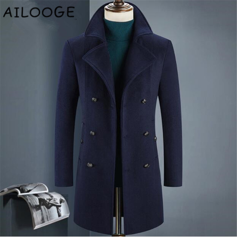 

2019 Winter Double Breasted Men's Fashion Thicken Trench Coat Jacket Men's Casual Windbreaker Woolen Coats Men Overcoat, Black