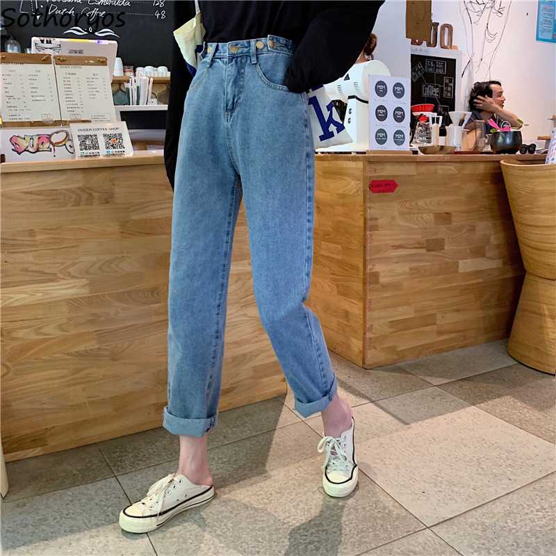 

Women Jeans Trousers Ladies Straight Adjust-waist Buttons Loose Vintage Classic Casual Chic All-match Fashion Daily Korean New, Black