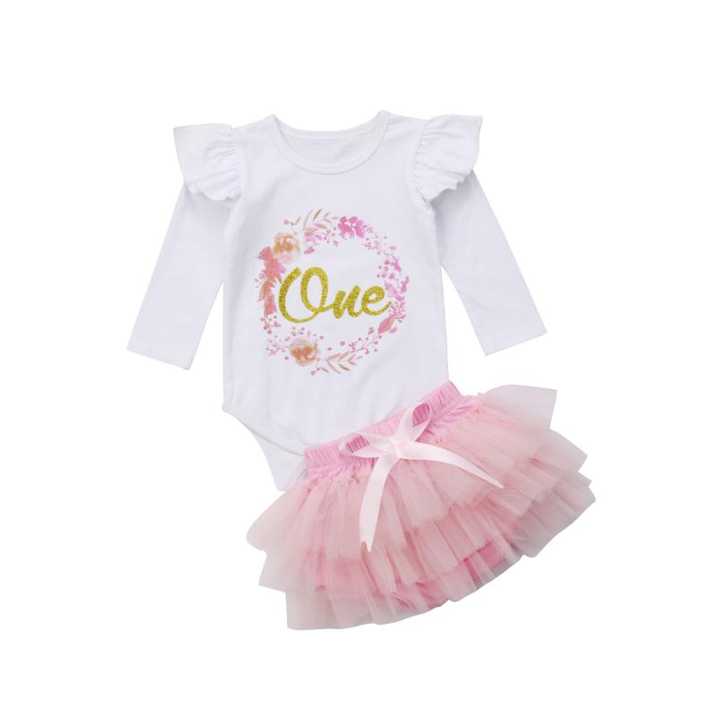 

0-24M One printed Ruffle Long Sleeve Bodysuits+Ball Gown Tulle Skirts 2pcs Clothing Set for New born infant baby girls clothes, As pic