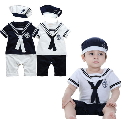 Coton à manches courtes marin collier barboteuses chapeau tenues vêtements ensemble enfant en bas âge nouveau-né bébé garçons marine style Patchw