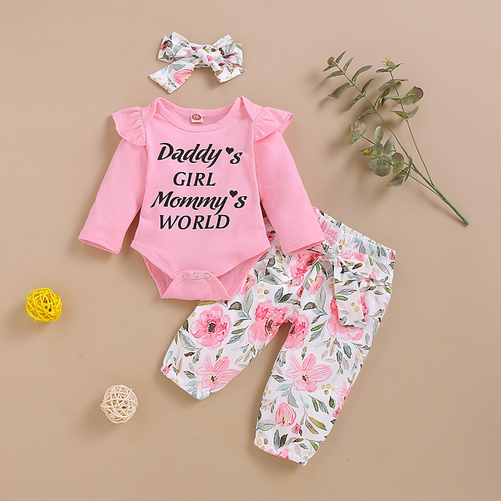 

3Pcs Newborn Baby Girls Infant Clothes Set Letter Romper Floral Pants Outfits Fashion Long Sleeve My First Christmas Girl 0-2Y, Pink