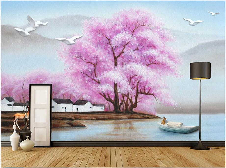 

3d wallpaper custom photo mural Modern stylish oil painting water pastoral flying bird TV background home decor wall picture 3d stickers, Non-woven