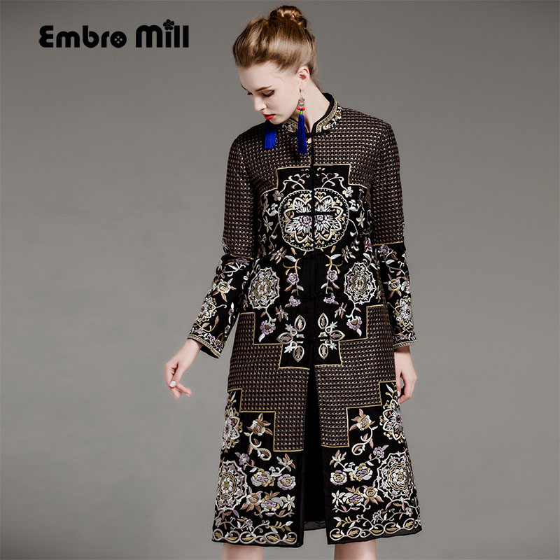 

High-end autumn winter trench coat for women plus size windbreaker rayon vintage embroidery floral slim outerwear female M-XXXL, Gold