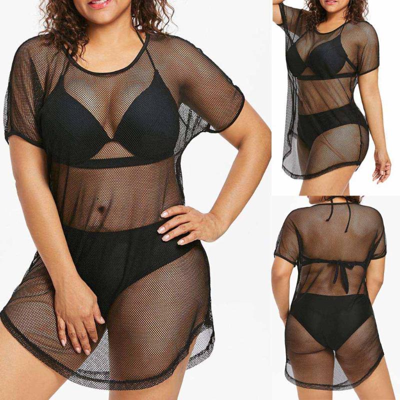 

Women Plus size O-Neck Bikini Cover Up Fashion Swimwear Sunscreen Sexy Mesh Solid Color Black Bathing See-through Beach Dress