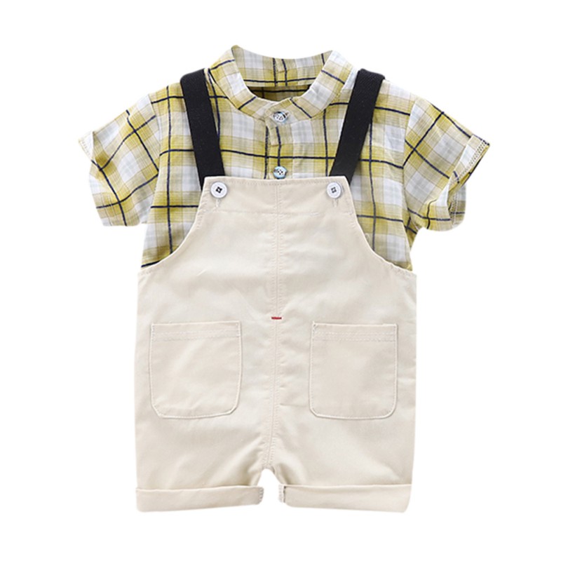 

HIgh Quality Boy Summer Small Fresh Style Suit Plaid Strap Suit Casual Cute Boy Wear Plaid Shirt Overalls, Blue