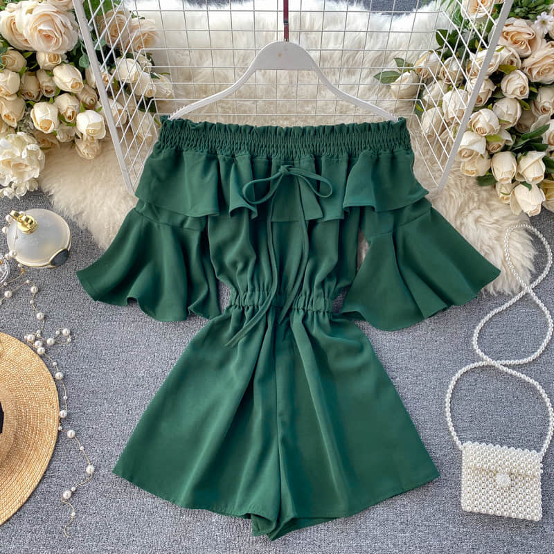 

Solid Off Shoulder Jumpsuit Women Rompers Chic Beach Style Flare Sleeve Bodysuit Women 2020 Summer Bow Ropa Mujer Ins Fashion, Black