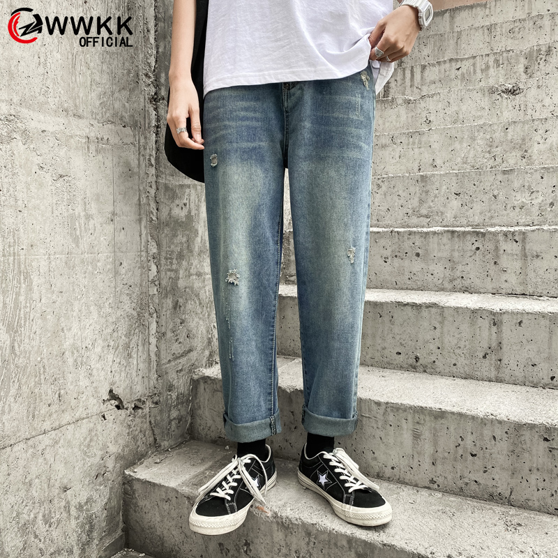 

2020 new fashion men's jeans hip hop autumn torn men's solid cotton straight tube loose vintage washed jeans streetwear, Black