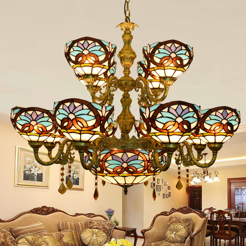 

40W*15 Stained Glass Chandelier Flower Pattern White European Retro Living Room Chandelier Bedroom Kitchen Fairy Lamp Can Be Customized T009