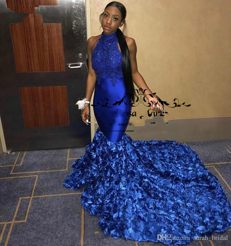 

Royal Blue Mermaid Black Girls Prom Dresses 2K19 Plus Size 3D Floral Vintage Lace Appliques 2019 Arabic Girls Formal Evening Graduation Gown, Hunter green