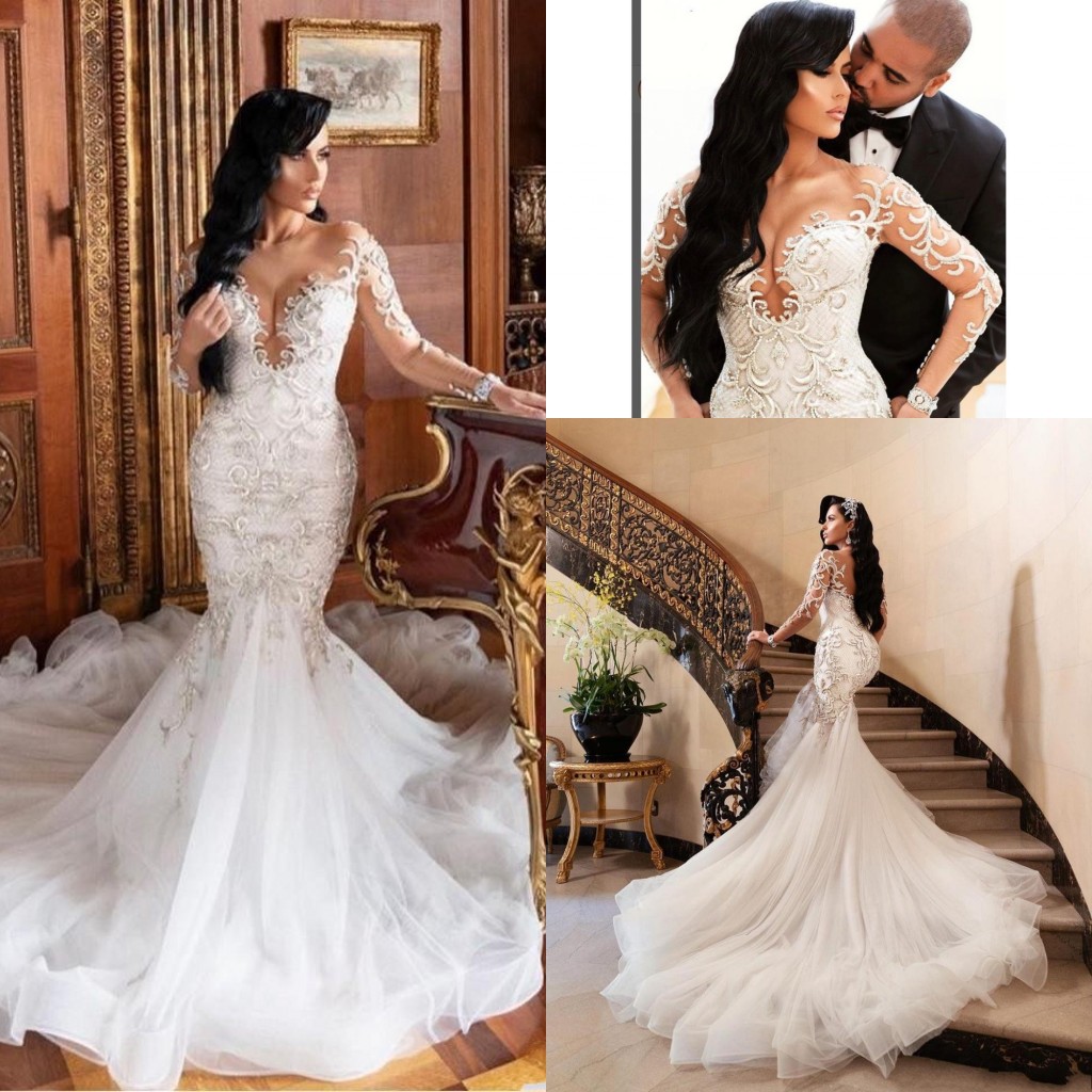 

2020 Sexy Arabic Modern Mermaid Wedding Dresses Long Sleeves Lace Appliques Crystal Beading Sheer Open Back Plus Size Formal Bridal Gowns, White