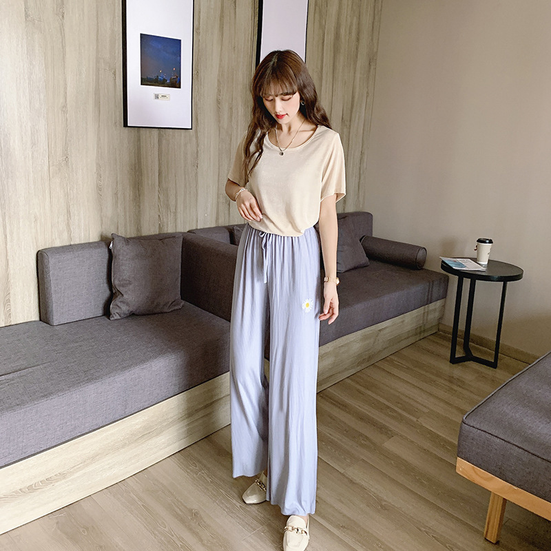 

High Waist Daisy Embroidery Casual Pants Ladies Summer Thin Breathable Loose Nine Points Lace-up Pajamas Pants Dormir Mujer, Black