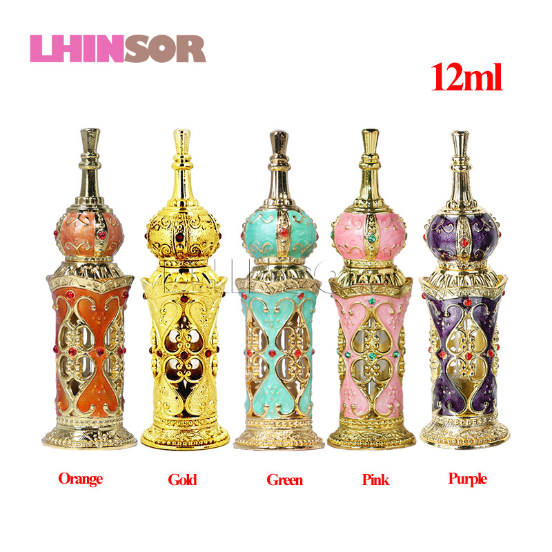 

12ml Arabic Style Building Retro Metal Perfume Bottle Antique Glass Flower Vine Essential Oil Bottles Empty Doterra Containers