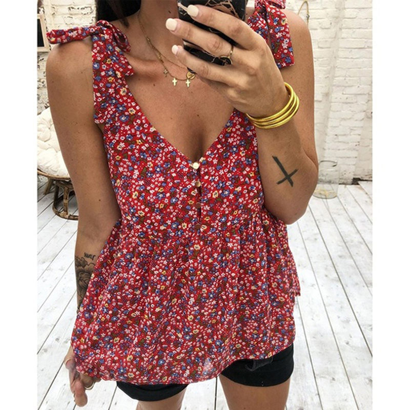 

Casual Sleeveless T-shirt Women Summer Print Flower V Neck Boho Tee Shirt Femme Womens Clothing 2020 SJ5471R, Purple