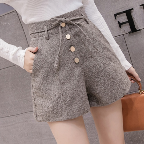 

High Waist Shorts New 2020 Women Autumn Winter Short Pants Grey Black Khaki Women Shorts Wide Leg DB85