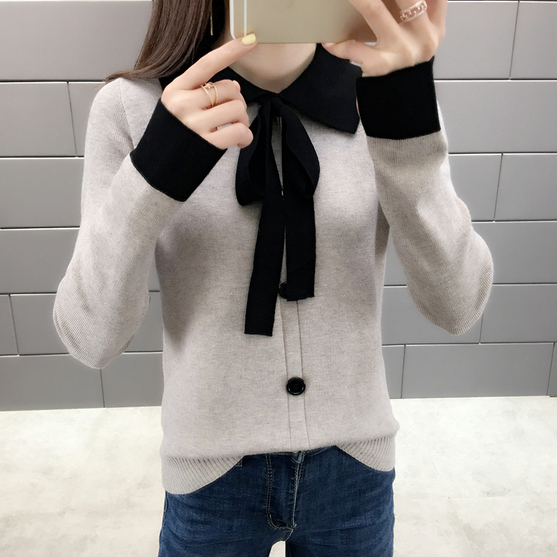 

2019 New Popular Butterfly Collar Sweater Women's Sweet Bow Lace Up Pullover Long-sleeved Button Bottoming Sweater Pullover, Gray