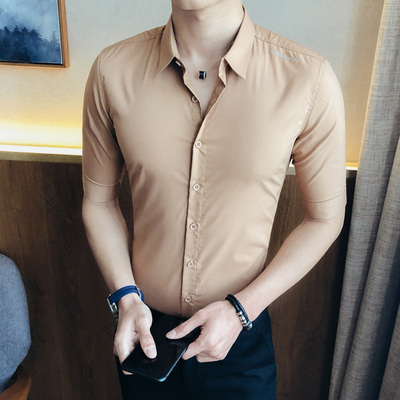 

Summer 2020 new embroidery five-point sleeve shirt male Korean version of the slim trend summer men' sleeve shirt thin section, Black
