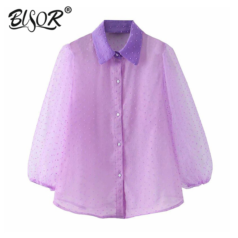 

Women elegant Violet turn down collar blouse transparent lantern sleeve stylish female chic shirts tops blusas 3 colors, White