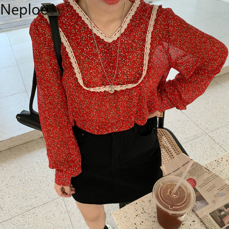 

Neploe Chiffon V-neck Blouse Women Vintage Korean Causal Sweet Floral Shirt 2020 Spring New Long Sleeve Pullover Blusas 59118, Red