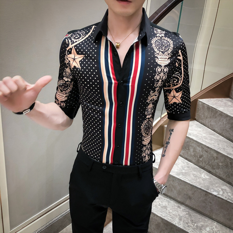 

2020 Summer Luxury Print Shirt Men Half Sleeve Casual Slim Fit Business Dress Shirts Streetwear Blusa Camisa Social Masculina, Black