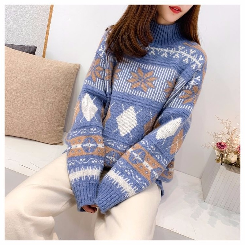 

2020 plus size sweater women spring and autumn snowflakes half turtleneck loose outer wear base sweater women, Beige