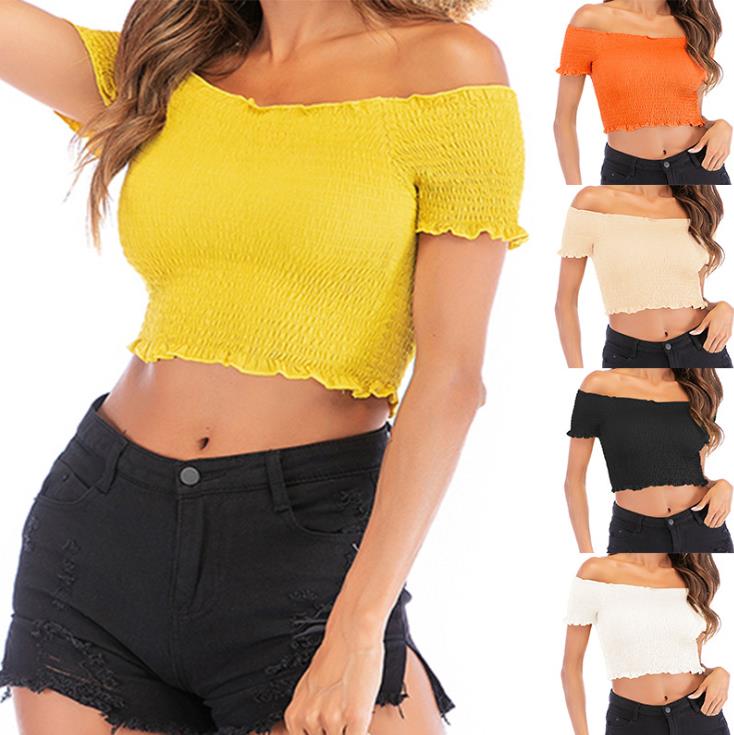 

Women Sexy T Shirts Women Designer Solid Color Fungus T-shirt Tops Womens Summer Sexy Short Slash Neck Navel Short Sleeve Shirts, Black