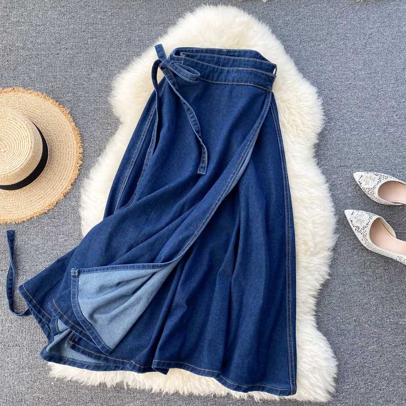 

European New Retro Spring and Summer New Solid Lace-up Waist Hugging All-match Denim Long Skirts Female Fashion Streetwear 2020, Blue