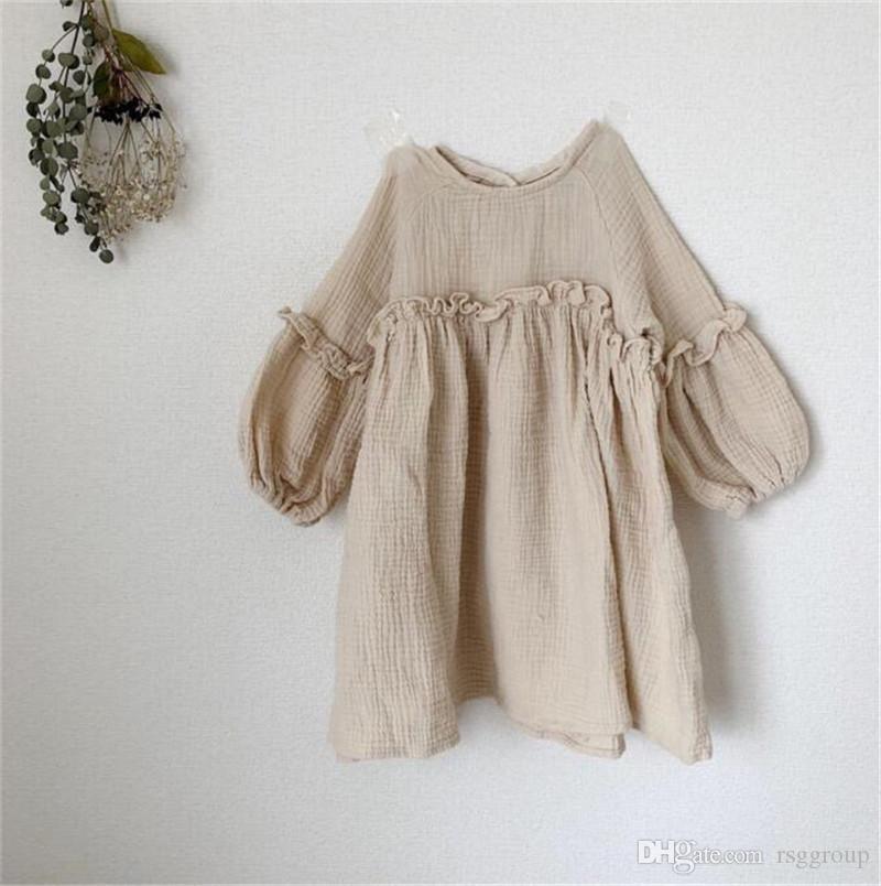 

DB INS Autumn Summer Litttle Girls Organc Linen Cotton Dresses Long Puff Sleeve Blank Ruffles A-line Designs Kids Children Dresses Clothing, As shown