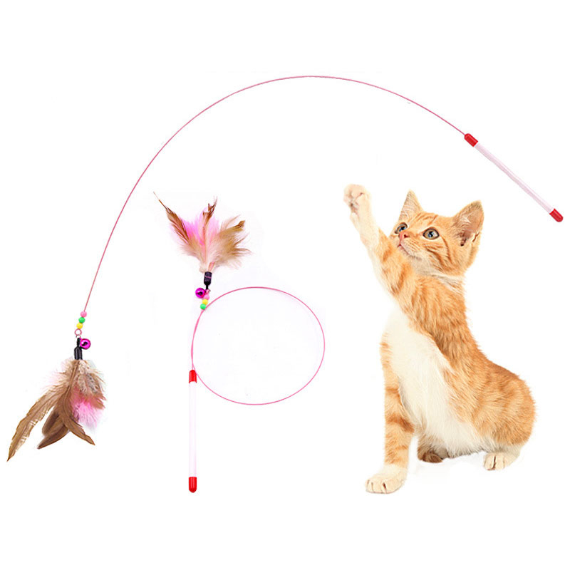 

Funny Feather Kitten Cat Toy Steel Wire Feather Teaser Bell Bead Play Pet Wand Teasing Cat Sticks Interactive