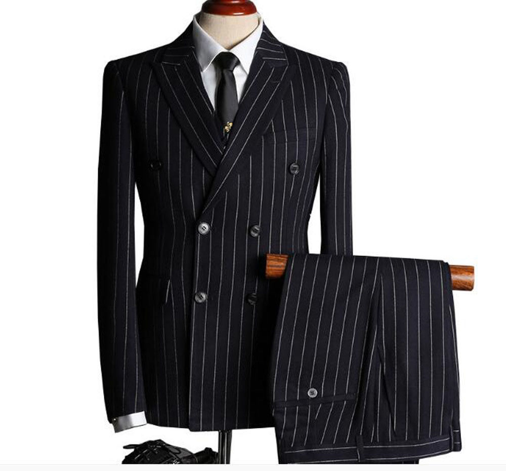 

Popular Mens Suit Black White Stripe 2pcs Suits Groom Wedding Business Double-breasted Suits Wedding Tuxedos Custom Made, Khaki