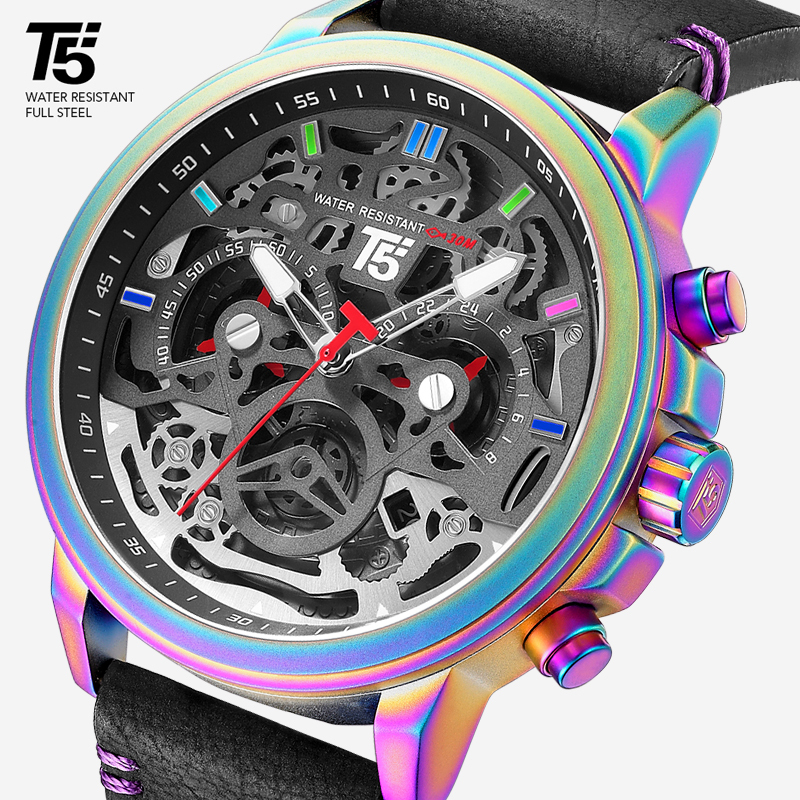 

Leather Strap T5 Luxury Black male Quartz Chronograph Waterproof Mens Sport Men Watch stop Watches Wristwatches Man clock, Slivery;brown