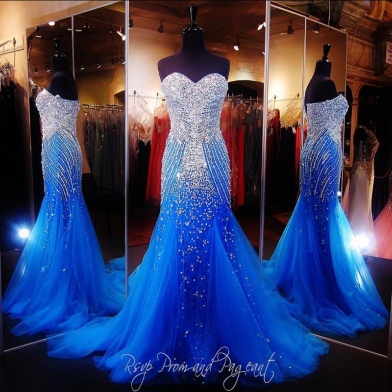 Sexy Royal Blue Mermaid Long Prom Dresses Pageant Women Sweetheart Vestido Luxury Beaded Crystal Vestidos De Gala Tulle Pageant Gowns