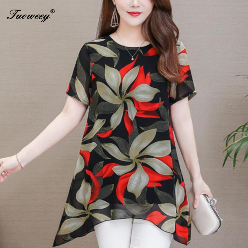 

short Sleeve Women's Shirts O Neck Floral Printed Casual blusas Long Tops Flower Fitness Women Top summer Plus Size 5XL, Red