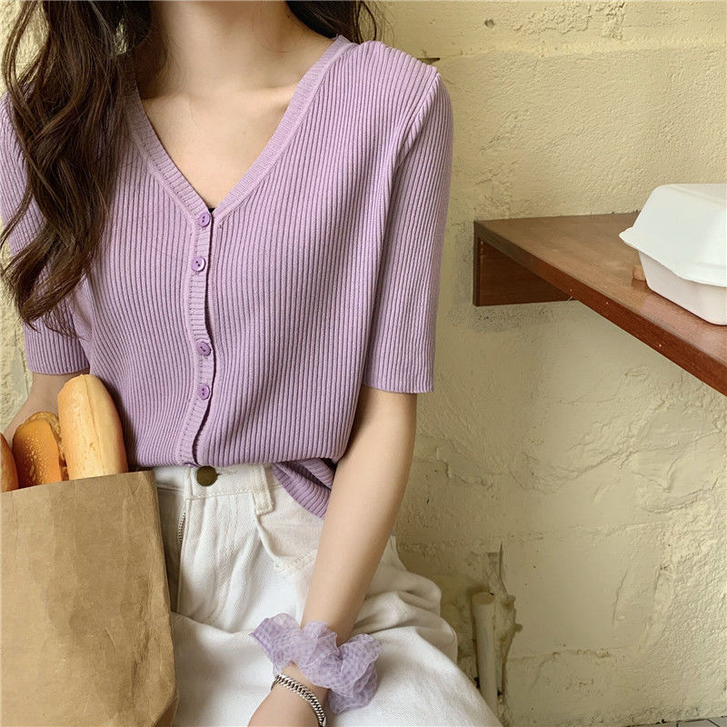 

new fashion girl summer clothing knitted jacket slim short cardigan women summer top short sleeve v-neck blouse, Purple