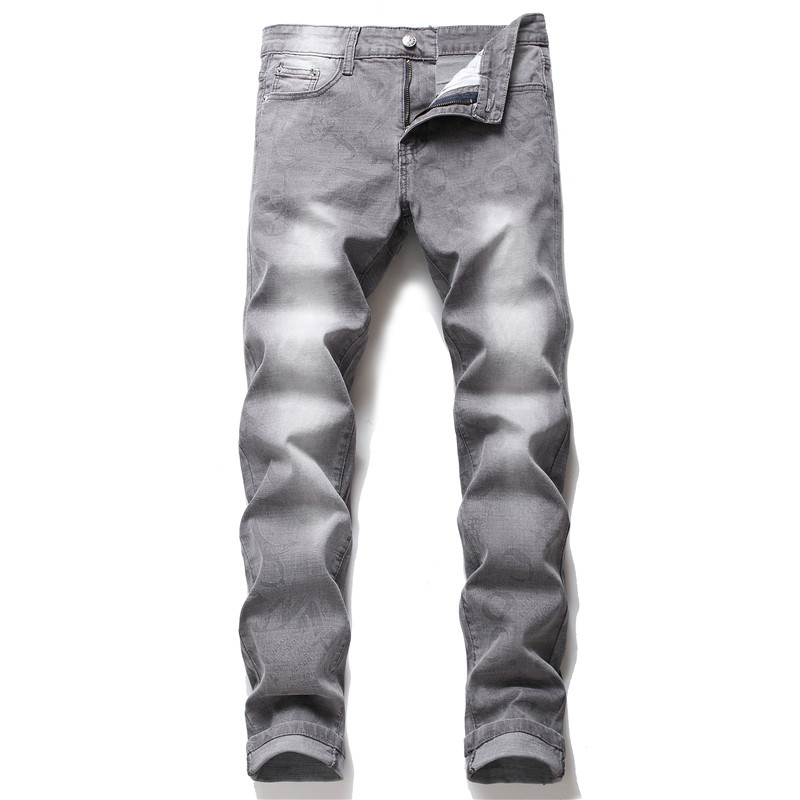 

KIOVNO Men's Slim Stretch Jeans Pants Solid Color Casual Denim Trousers For Male Printed, Grey