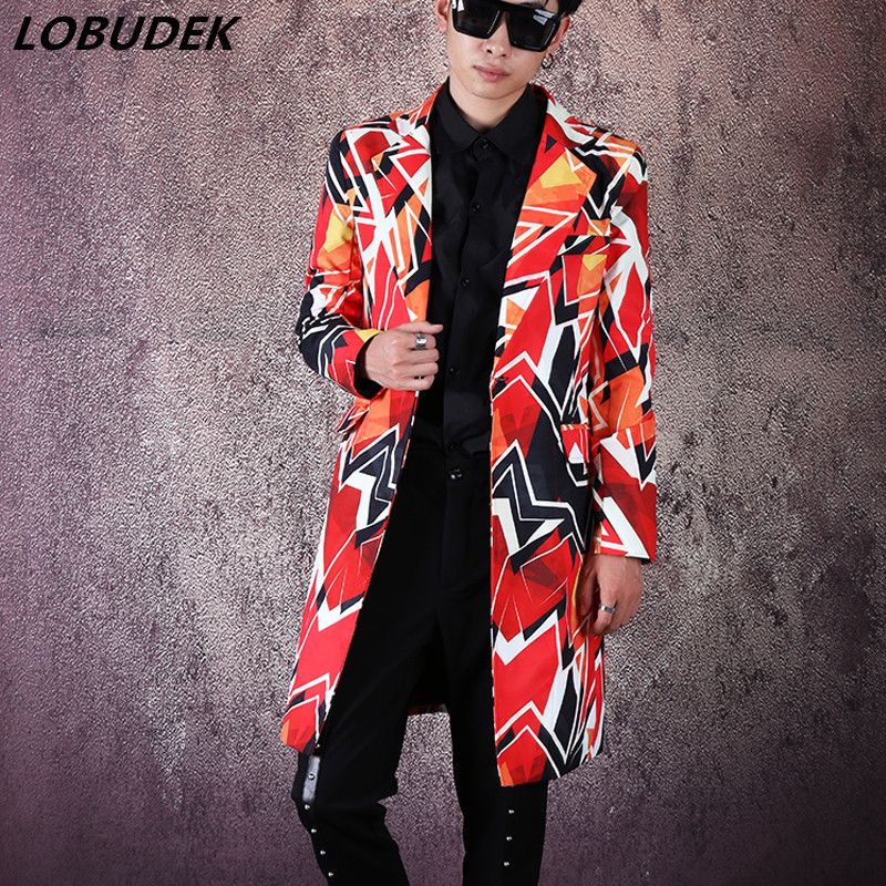 

Punk Male Singer Dancer Fashion Colored Graffiti Blazer Geometric Pattern Long Coat Streetwear Hip Hop Blazers Bar Stage Costume, Orange