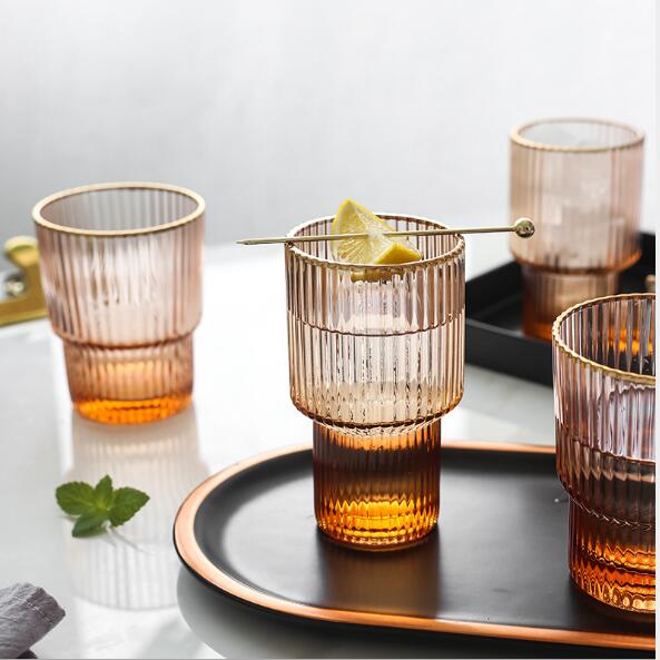 Champagne Drinkware vertical stripe glass high and short water cups tea wine translucent cup-image-517831294