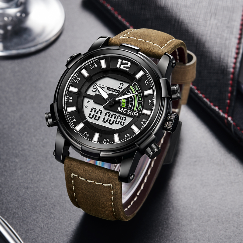 

Dual Display Digital Men Watch MEGIR Sport Analog Quartz Watches Relogio Masculino Reloj Hombre Army Military Wristwatches Hour, Black