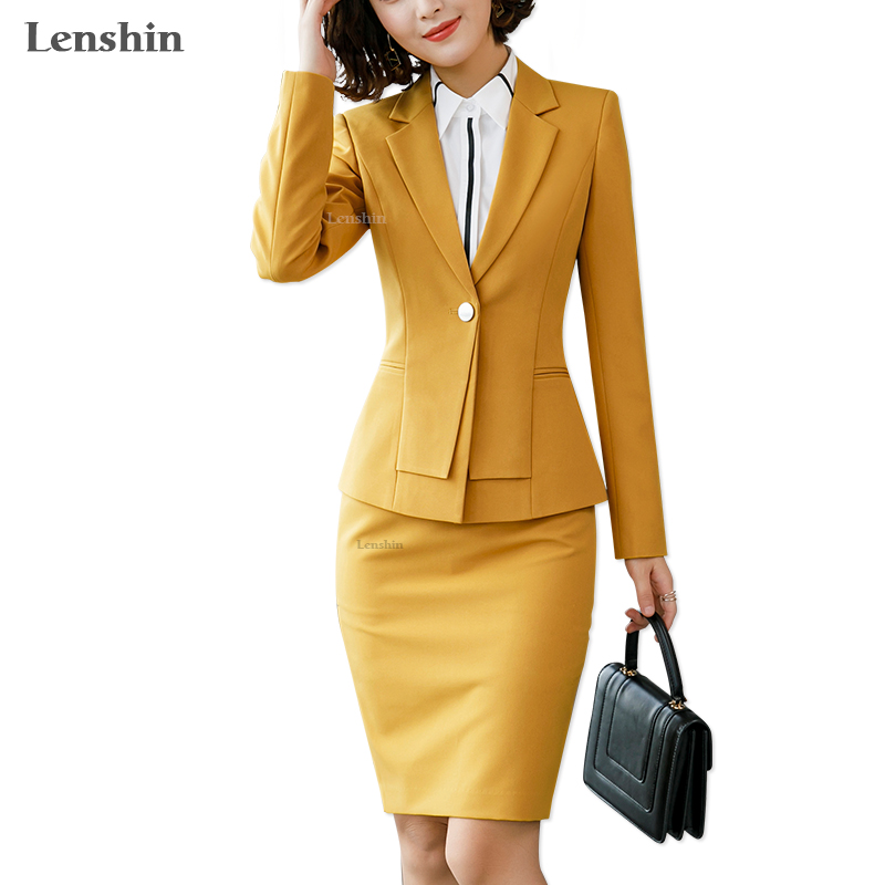 

Work Dresses Lenshin 2 Piece Set With Phone Pocket For Women Formal Skirt Suit Office Lady Uniform Designs Fashion Business Jacket And, 2 pieces yellow suit